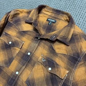 True Religion Mens Size Large Long Sleeve Flannel Shirt Plaid Western Pearl Snap